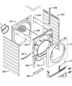 Räjäytyskuva, jossa AEG Electrolux kuivausrummun etulevy 4055306585 on merkitty numerolla 350