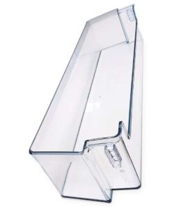 angled view of transparent fridge door shelf