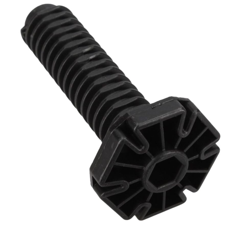 Astianpesukoneen säätöjalka 80mm musta muovi, ylhäältä viistosti kuvattuna