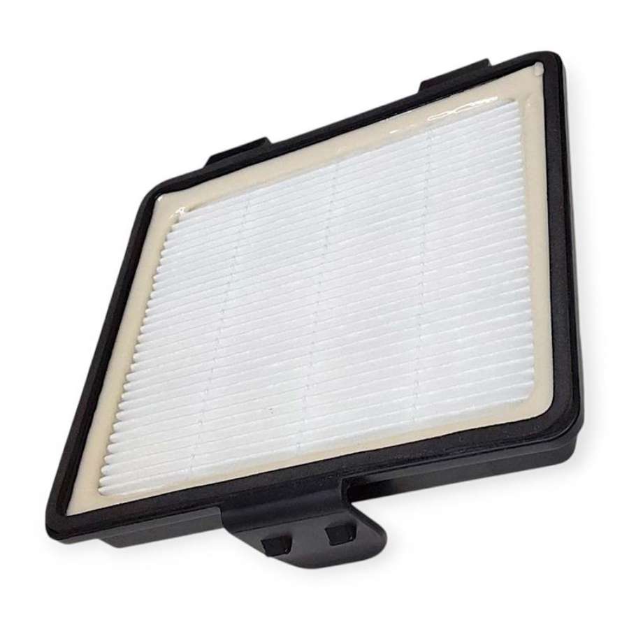 Yksi HEPA‑suodatin valkoisella suodatinmateriaalilla ja mustalla kehikolla