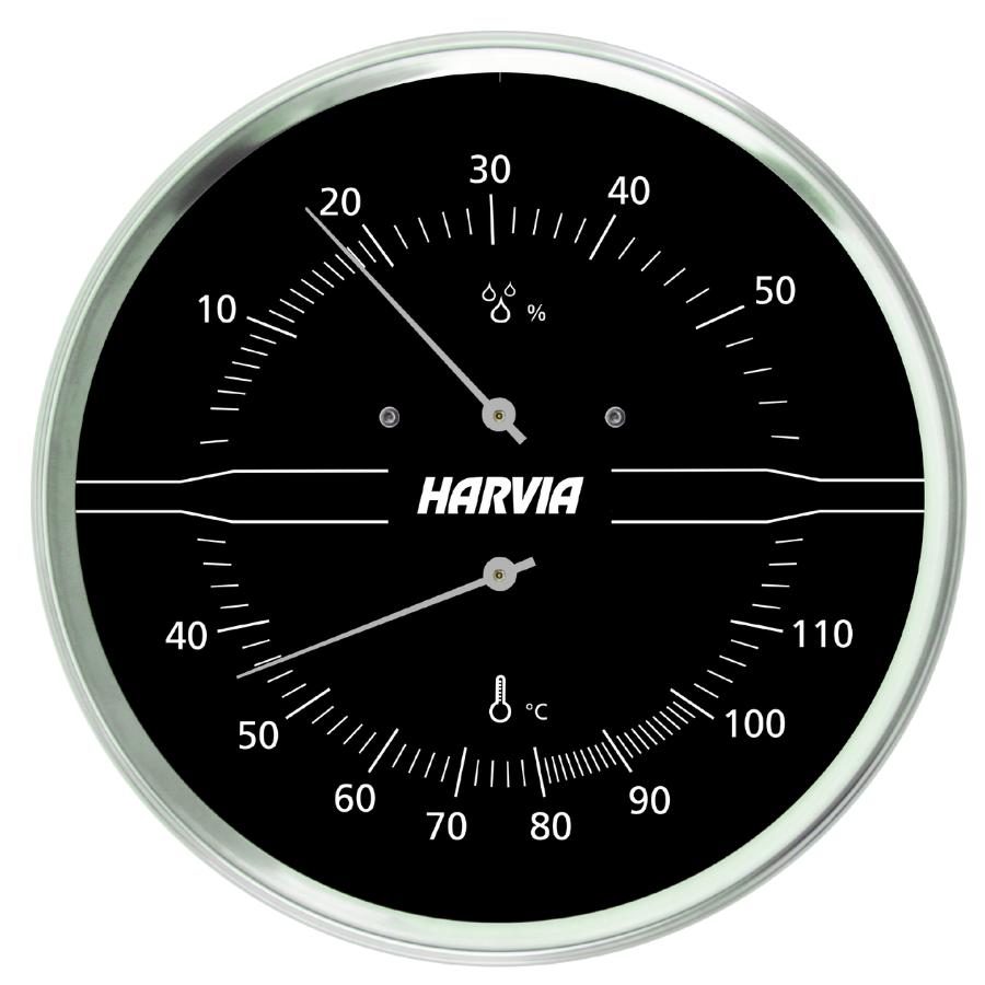 Harvia lämpö-/kosteusmittari mustalla taustalla, näyttää saunan lämpötilan ja kosteuden