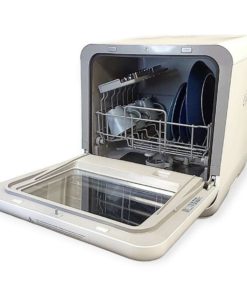 Helkama HAP420C countertop dishwasher open with dishes loaded