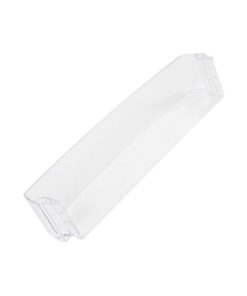 Läpinäkyvä jääkaapin alempi ovihylly ylhäältä kuvattuna